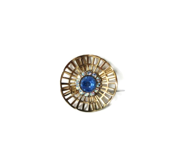 Mid Century Coro Gold tone Circle with Sapphire B… - image 3