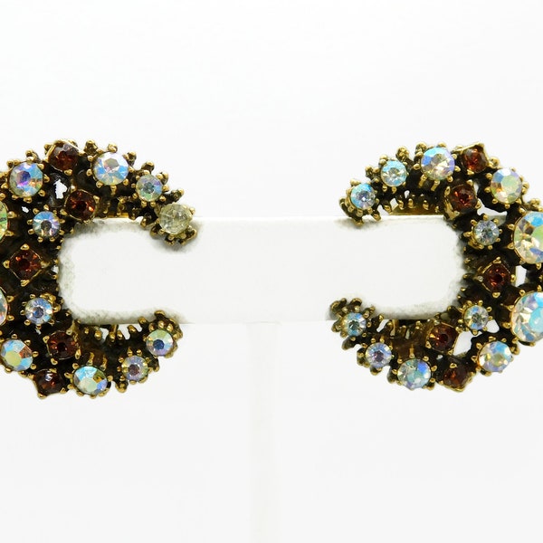 Gold tone with Topaz color and  clear AB rhinestones Crescent Moon shaped Clip on Earrings. Unsigned Florenza