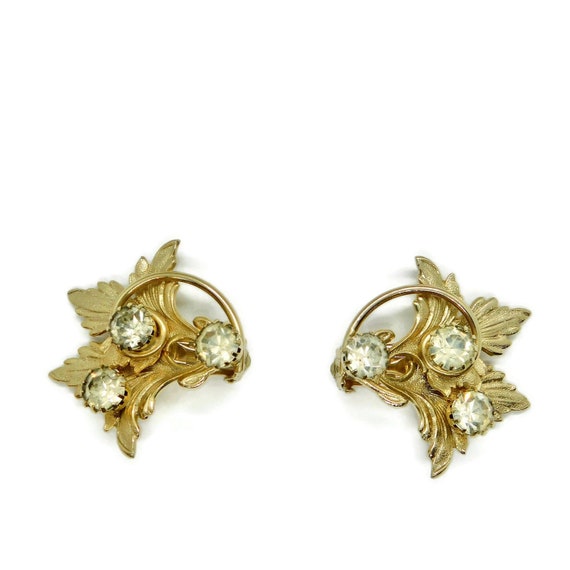 Leaves and Rhinestones Gold tone Clip Earrings. - image 9