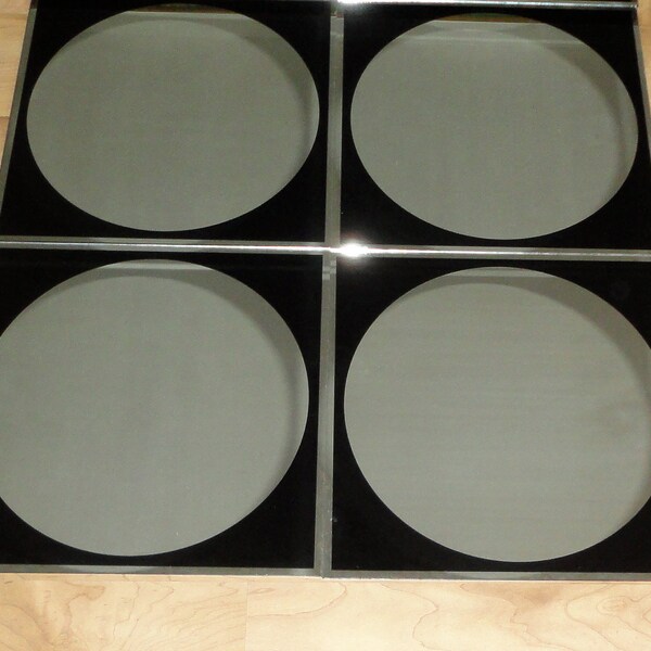 Mirror Tiles from 1970's. Black Circles. Mirror Tiles from The Original Mirror Company. Lot of Six(6) 12" X 12" Mirror Tiles for Walls.