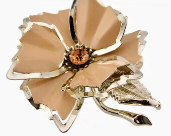 Vintage Gold Tone Toffee Cream Enamel and Topaz Rhinestone Flower Brooch.