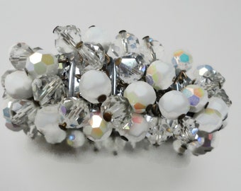 Vintage  AB White  and Clear Glass Faceted  Beads Stretch Bracelet. JAPAN. Cha-Cha Bracelet