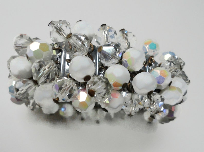 Vintage AB White and Clear Glass Faceted Beads Stretch Bracelet. JAPAN. Cha-Cha Bracelet image 1