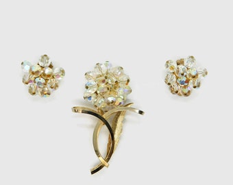 Vintage Gold Tone Flower Brooch and Clip On Earrings Set, AB Crystal