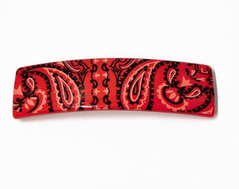 Rare 1970s French Red and Black Paisleys Hair Barrette. Made in France Vintage Hair Barrette