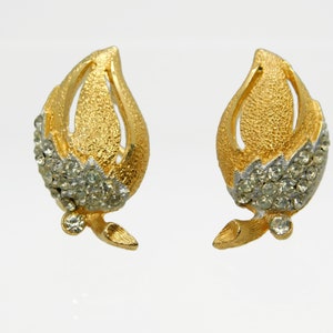 Gorgeous Brushed  Gold withClear Rhinestones Leaf  Clip on Earrings