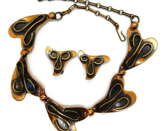 1950s Anodized Copper Choker Necklace and Earrings Set. Modernist Copper Demi Parure.
