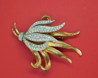 Vintage CORO Gold and Silver-tone Pave Rhinestones Floral  Brooch/Pin