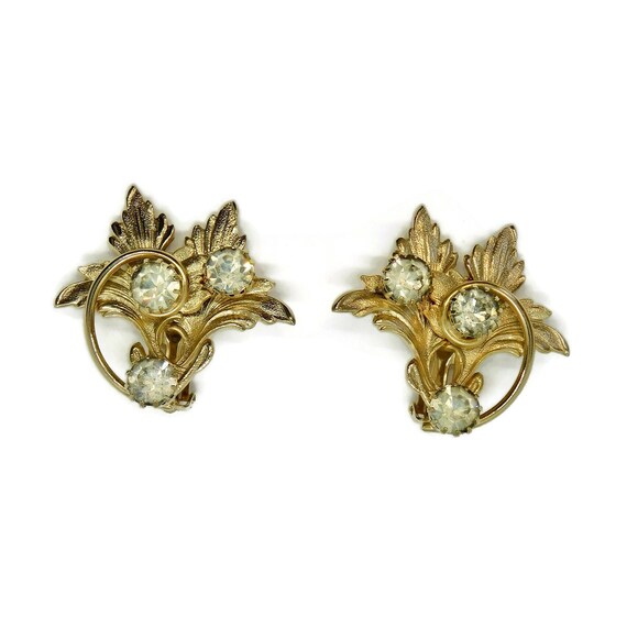 Leaves and Rhinestones Gold tone Clip Earrings. - image 6