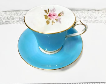 Vintage  AYNSLEY Fine Bone China Turquoise Blue  Corset Teacup and Saucer