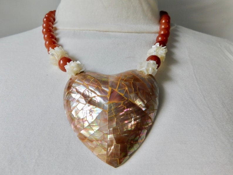 1980s MOP Heart, Shells and Lucite Beads Necklace. Marked