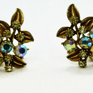 Vintage MARVELLA Gold tone with AB and Jonquil Rhinestones Clip on Earrings.