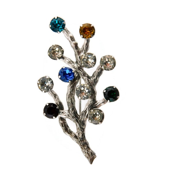 VAN DELL Sterling Tree of Life  with Colored Rhinestones Brooch.