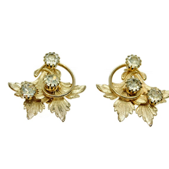 Leaves and Rhinestones Gold tone Clip Earrings. - image 4