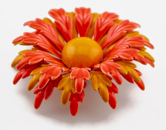 1960s Orange and Yellow Enameled Flower Brooch - image 1