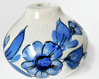 Vintage Italian Hand Painted, Delft Blue Floral  Crackle Ceramic Pear shaped Spacer. Lamp Part.