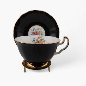 Vintage ADDERLEY Bone China Black and Floral Teacup and Saucer.