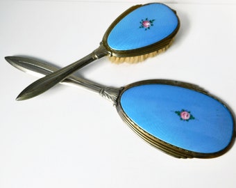 Vintage Blue and Pink Rose Gilloche Deco Vanity Set. Mirror and Hairbrush.