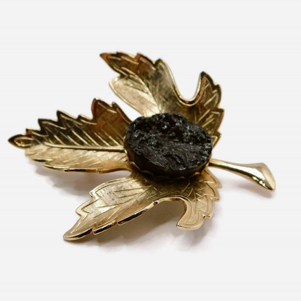 Vintage Gold-tone Leaf with Black Oval Textured Glass Brooch