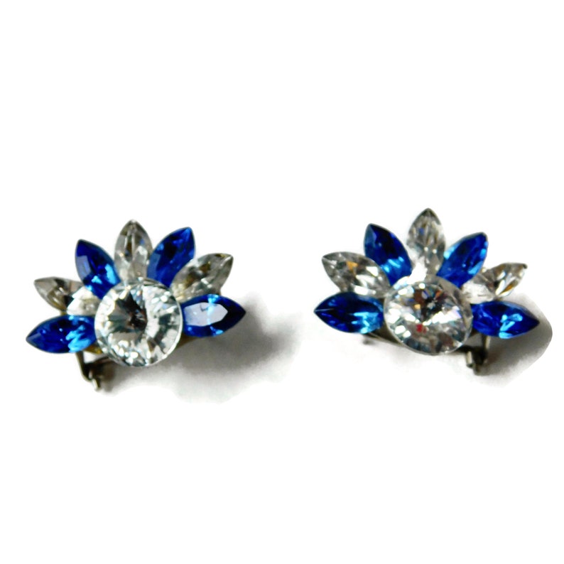 1980s Blue and Clear Rhinestones Wendy Gell Style Pierced Clip Earrings. image 8