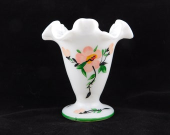 Vintage FENTON Milk Glass with Hand Painted Flowers and Ruffle Rim  Footed Vase.