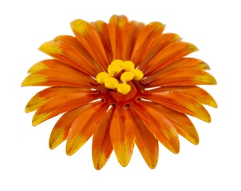 Vintage Dark Orange and Yellow Enameled Metal Dahlia  Flower Brooch. Large Flower Power Brooch.