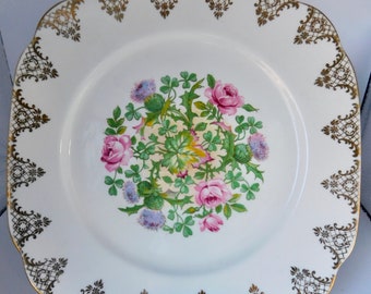 Antique Royal Albert Crown China Square Plate with Flowers and Gold. Made in England.