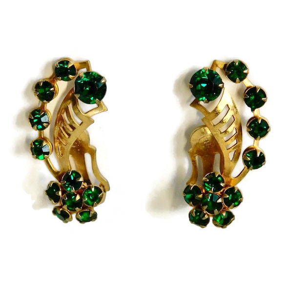 Vintage Gold tone  with Emerald Green Rhinestones Climber Earrings.