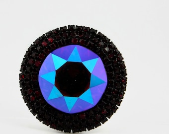 Stunning Joseph WARNER Lg. Heliotrope and Red Rhinestones Japanned Brooch.