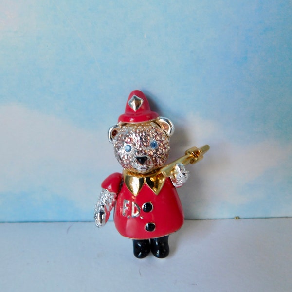 NAPIER Firefighter Teddy Bear Articulated Brooch/Pin. Red and Black Enamel with Blue Rhinestones Eyes.