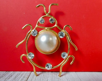 Vintage Large Bug Brooch in Gold tone with Faux Pearl cabochon and Clear Rhinestones. Ladybug Brooch