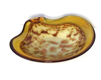 Mid Century Honey Murano with Copper AVENTURINE Flecks Over White Color Art Glass Bowl