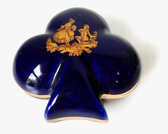 Vintage LIMOGES Cobalt Blue and Gold Fragonard Scene Trefoil Trinket Box.