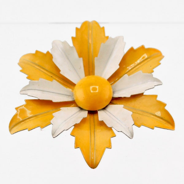 Vintage Enamel Yellow and White Flower Brooch. Retro Flower Power Brooch