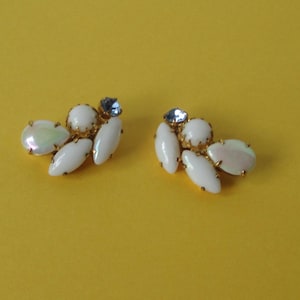 Gold tone with Milk Glass and Blue Rhinestones Clip Earrings. Made in West Germany.