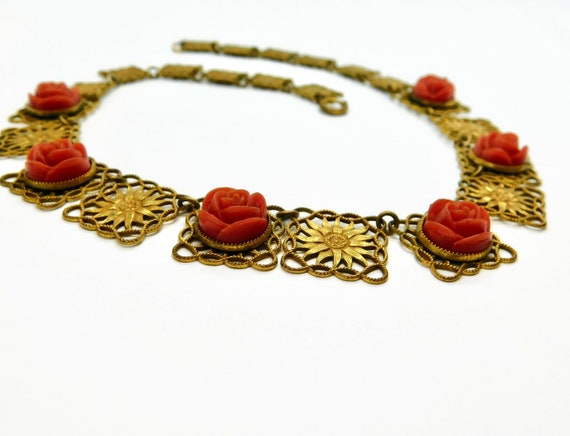 1930s CZECH Gold tone Squares Ornate Links with F… - image 10
