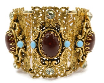 Gorgeous  Selro/Selini Gold-tone Filigree Five (5) Panel Bracelet with Gemstones, Glass and Rhinestones.