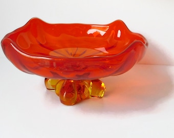 MCM Viking Glass Amberina Pedestal Square shaped Bowl. 1960s Amberina Glass Compote