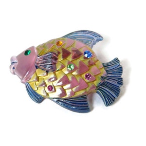 Vintage Transparent Pink and Purple Lucite Carved Scals with Rhinestones FISH Brooch. Book Piece.