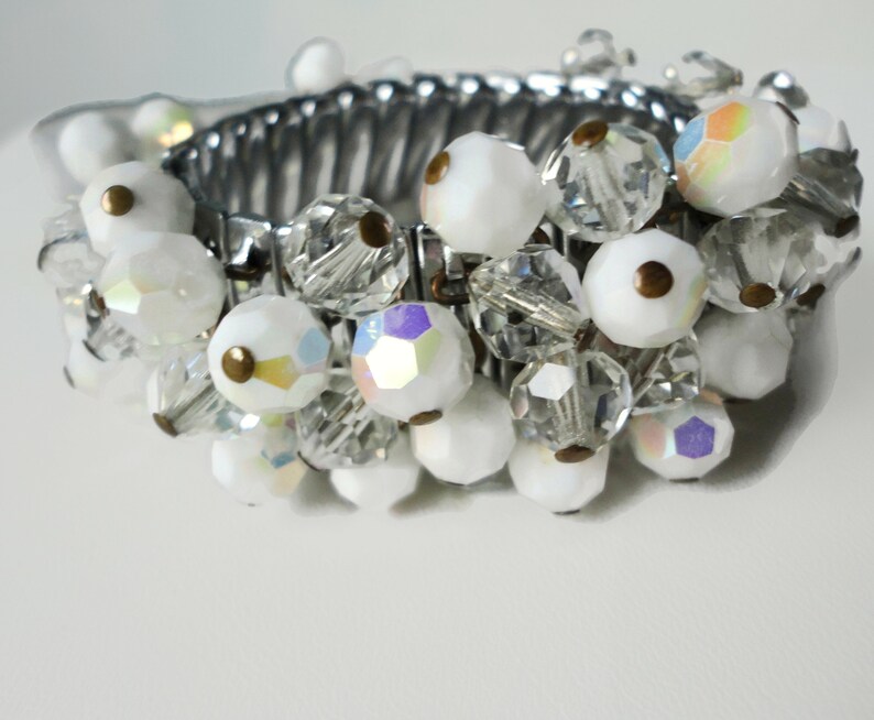 Vintage AB White and Clear Glass Faceted Beads Stretch Bracelet. JAPAN. Cha-Cha Bracelet image 3