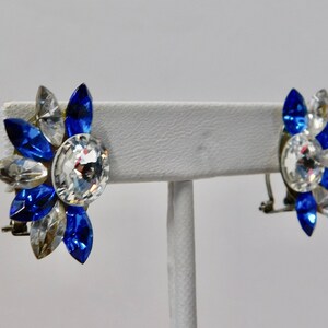 1980s Blue and Clear Rhinestones Wendy Gell Style Pierced Clip Earrings. image 5