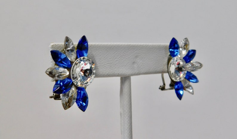 1980s Blue and Clear Rhinestones Wendy Gell Style Pierced Clip Earrings. image 5