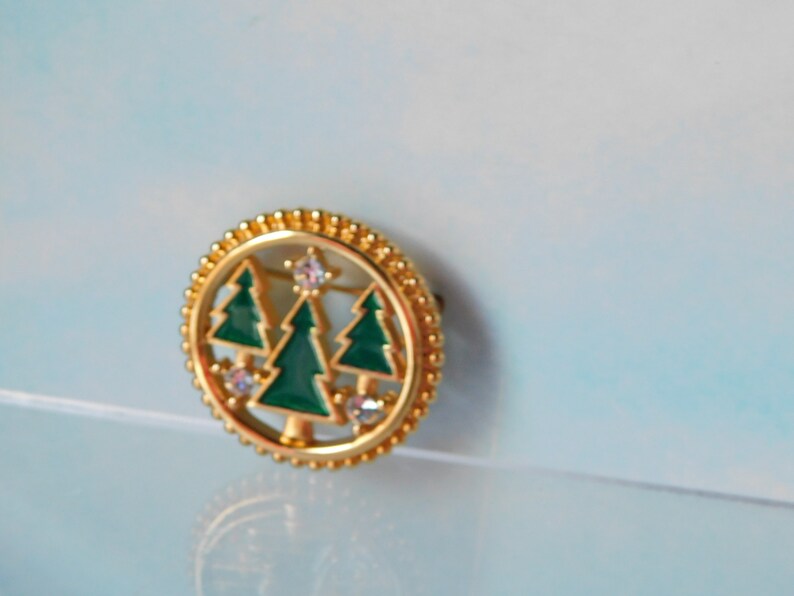 MONET Christmas Trees with Rhinestones Circle BroochPin.