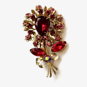 Vintage Gold tone with Pink and Red Rhinestones Flower Brooch. Navettes, Round and Teardrop Rhinestones  Flower Pin.