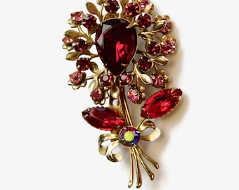 Vintage Gold tone with Pink and Red Rhinestones Flower Brooch. Navettes, Round and Teardrop Rhinestones  Flower Pin.