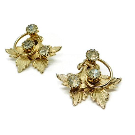 Leaves and Rhinestones Gold tone Clip Earrings. - image 7