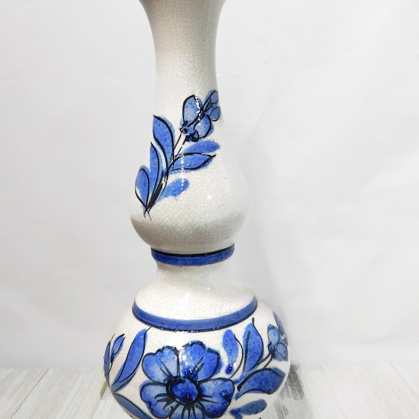 Vintage ITALIAN Hand Painted, Delft Blue Floral Crackled  Ceramic Body Chandelier Part, Lamp, Altered Art