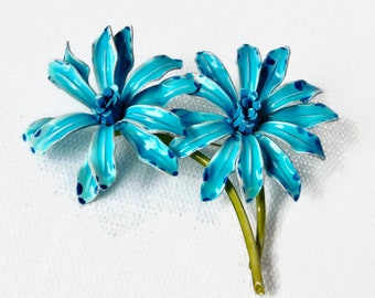 Vintage Shades of Blue Enameled Metal Double FlowerBrooch. 4 inches  Mod Flowers Brooch