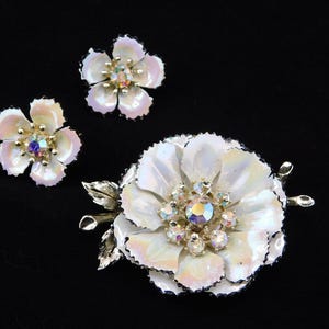 CORO Iridescent White Enameled Flower with  AB Rhinestones Brooch and Earrings Set.