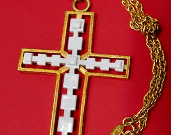 Beeline Gold tone and White Enamel Large Crucifix Necklace.